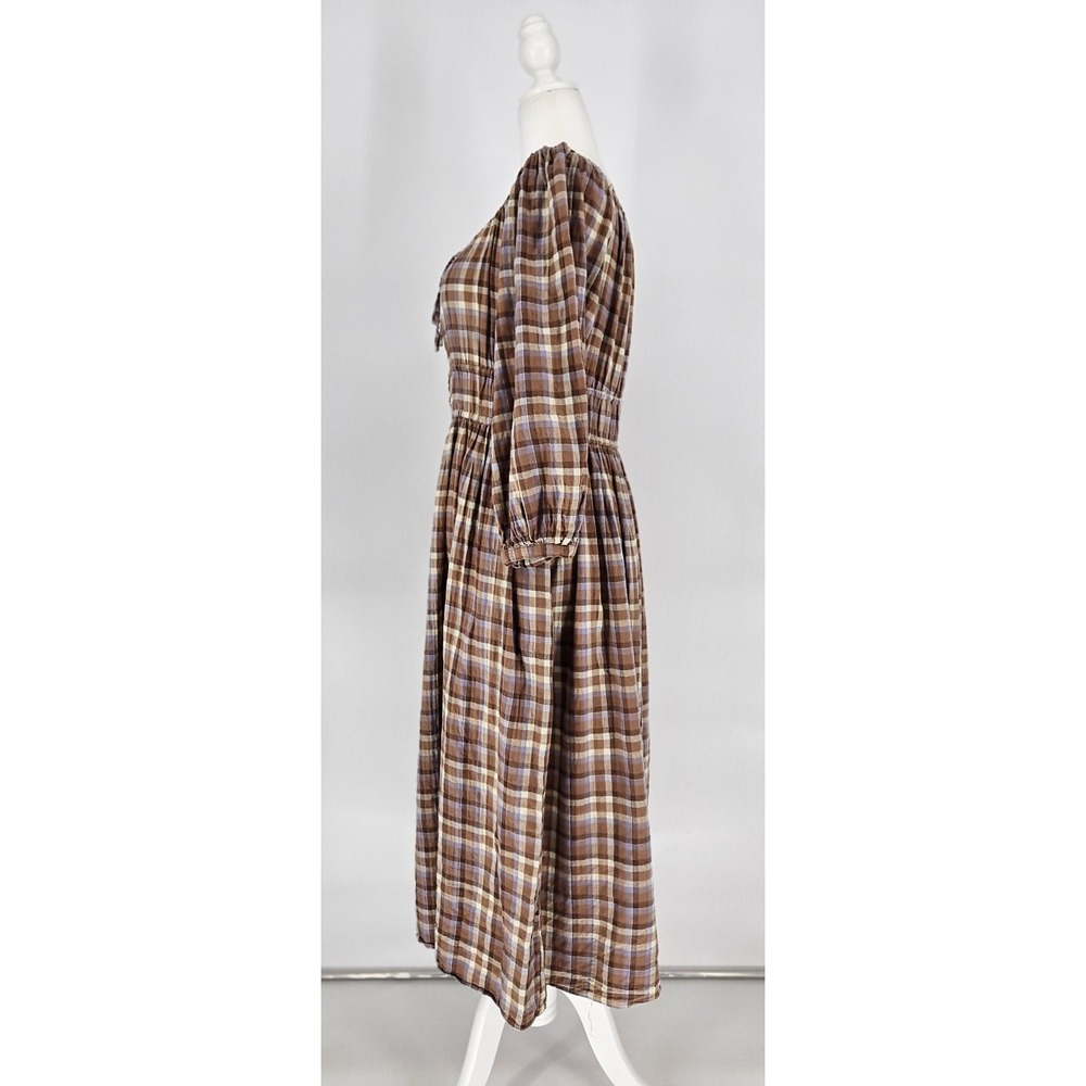Madewell Brown Plaid Smocked Waist Midi Dress Puff Sleeve Cotton Blend Medium - Picture 7 of 11